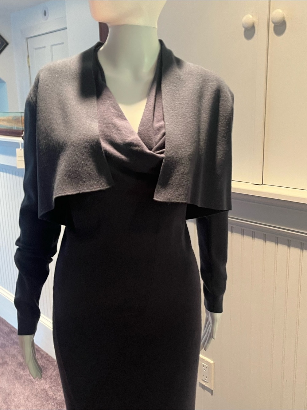 Donna Karan Collection Peacock Blue Draped Neck Dress with Cropped Overlay Shrug
